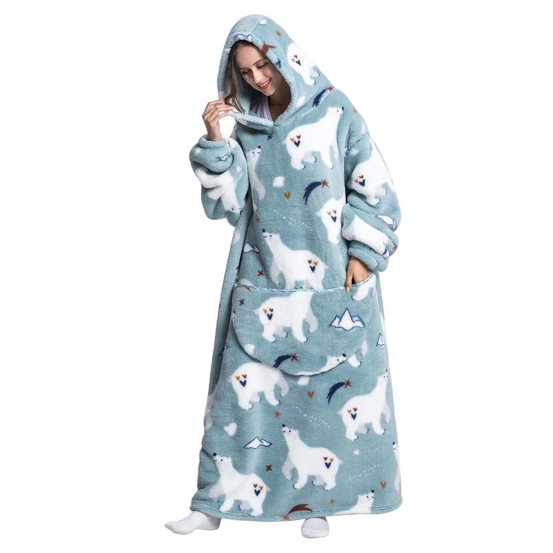 Cute Alpaca & Penguin Print Hoodie Blanket, Wearable Sweatshirt Pullover, Summer Air-conditioned Room Comfortable Hoodie Nightgown with Big Pocket, Christmas Blanket, Christmas 2024 Costume, Christmas Gifts, Christmas Decorations