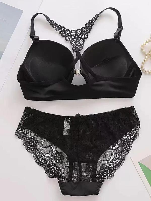 Women's Contrast Lace Buckle Front Push Up Bra & Bow Front Panty Set, Adjustable Strap Wireless Bralette & Knicker, Women's Two-piece Underwear Set