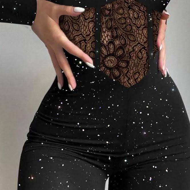 2024 Lace Hollow Fashion Jumpsuit Glitter Highlights Knitted Fabric Suspender Jumpsuit