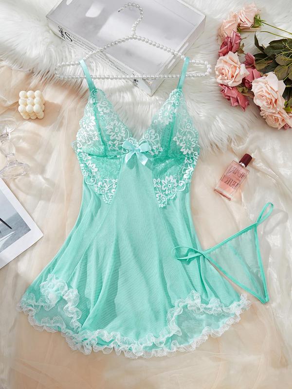 Women's Contrast Lace Bow Decor Tulle Cami Nightdress & Sheer Thong, Romantic Adjustable Spaghetti Strap Asymmetrical Hem V Neck Nightgown & Thong Set, Women's Sleepwear for All Seasons