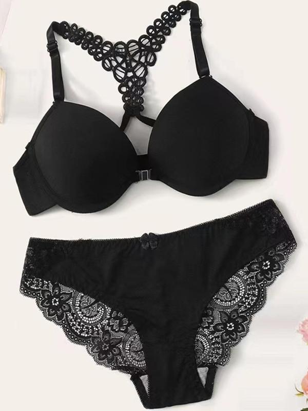 Women's Contrast Lace Buckle Front Push Up Bra & Bow Front Panty Set, Adjustable Strap Wireless Bralette & Knicker, Women's Two-piece Underwear Set