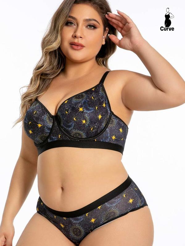 Plus Size Galaxy Print Push Up Bra & Tape Panty Two-piece Set, Casual Comfy Breathable Bra & Knicker for Daily Wear, Women's Underwear Set for All Seasons