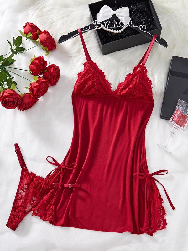 Women's Contrast Lace Cami Nightdress & Thong Set, Adjustable Spaghetti Strap Nighty Dress & Panty Set, Women's Sleepwear & Loungewear Set