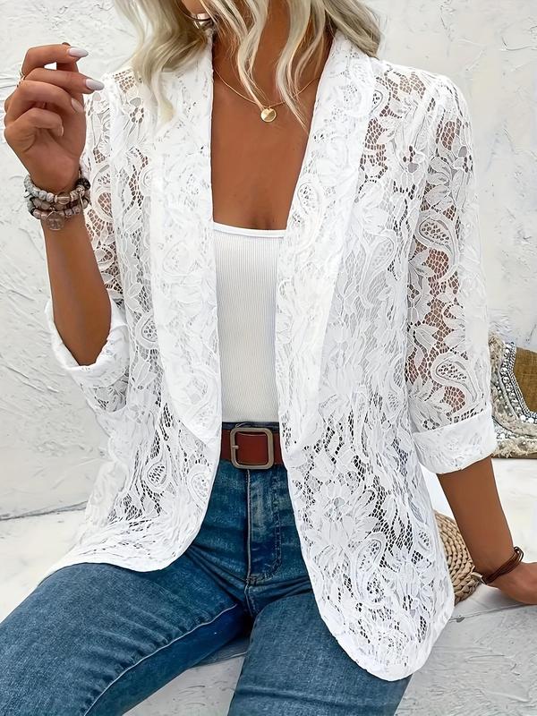 Womenswear  Floral & Paisley Pattern Hollow Out Shawl Collar Coat, Minimalist 3 4 Sleeve Open Front Outerwear for Spring & Fall, Women's Clothes for Daily Wear