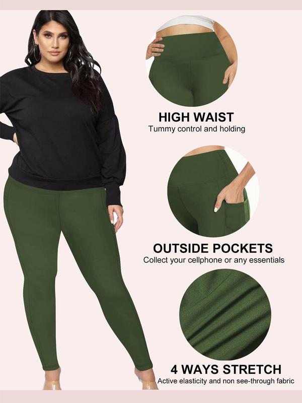  Solid High Waist Pocket Leggings, Casual Comfy Breathable Skinny Pants for Women, Women's Bottoms for Fall & Winter