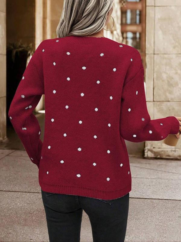 Women's Polka Dot Print Drop Shoulder Sweater, Casual Long Sleeve Round Neck Jumper for Fall & Winter, Fall Clothes, Pullover Sweaters for Women, Fashion Ladies' Knitwear for Daily Wear, Fall Outfits, Fallfreshness, Vintage Clothing, Preppy 80s Clothes