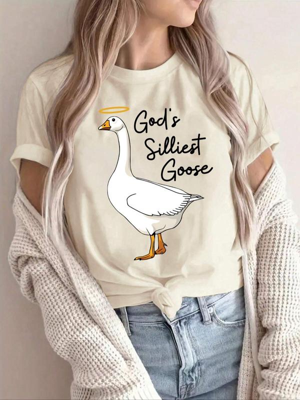 Women's Cartoon Goose & Letter Print Drop Shoulder Vintage Graphic Tees, Summer Tees, T Shirts for Women, Casual Half Sleeve Round Neck T-shirt for Summer, Ladies Clothes for Daily Wear