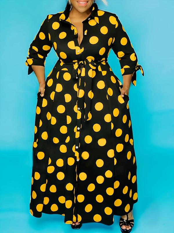 Plus Size Polka Dot Print Belted Button Front Shirt Dress, Elegant 3 4 Sleeve Tie Front High Waist Long Dress for Vacation Holiday Party, Women's Clothes for Summer, Back To School Outfit Moo Moo Dresses