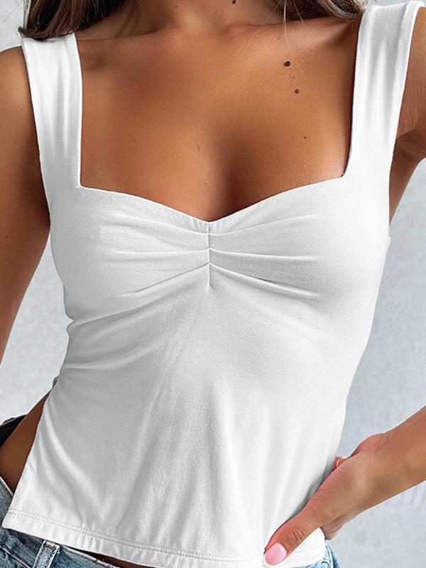 Women's Plain Ruched Split Hem Sweetheart Neck Tank Top, Casual Solid Sleeveless Top for Daily Wear, Summer Outfits 2024, Back To School Outfits, Summer Clothes, Summer Tops, Ladies Clothing for All Seasons