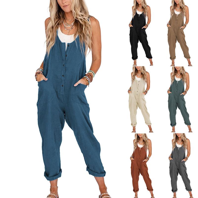 Yeokou Women's Overall Linen Cotton Jumpsuit Loose Casual Jumper with Pockets Womenswear Underwear