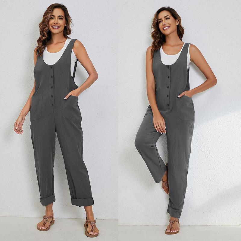 Yeokou Women's Overall Linen Cotton Jumpsuit Loose Casual Jumper with Pockets Womenswear Underwear