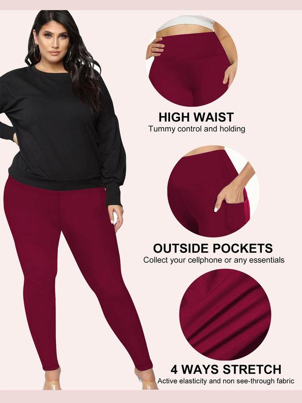  Solid High Waist Pocket Leggings, Casual Comfy Breathable Skinny Pants for Women, Women's Bottoms for Fall & Winter