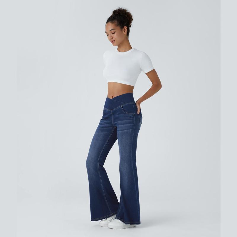 Halara Flex High Waisted Crossover Pocket Washed Stretchy Knit Casual Flare Jeans