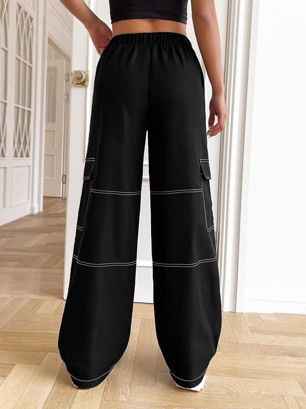 Women's Plain Stitching Pocket Buckle High Waist Wide Leg Pants, Cargo Pants for Women, Casual Fashion Comfy Trousers for Daily Wear, Ladies Bottoms for All Seasons, Trousers for Women