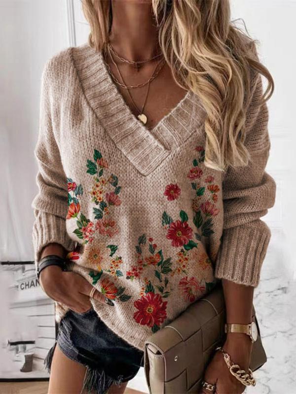 Women's Floral Print Drop Shoulder V Neck Sweater, Casual Long Sleeve Jumper for Fall & Winter, Fashion Ladies' Knitwear for Daily Wear