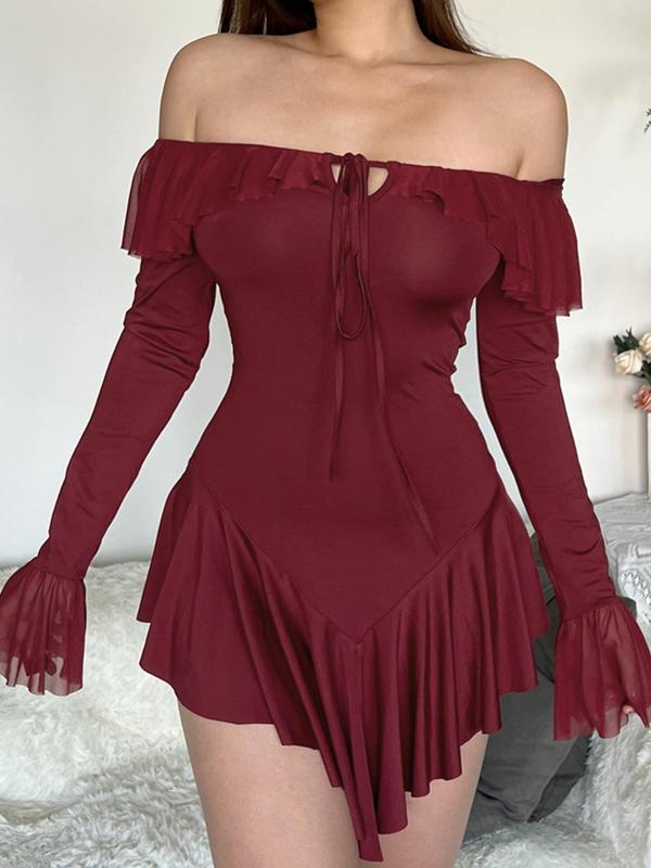 Women's Off Shoulder Ruffle Asymmetrical Hem Tie Front Dress, Sexy Solid Color Flounce Sleeve A Line Dress for Spring & Fall, Fashion Women's Clothes for Daily Wear