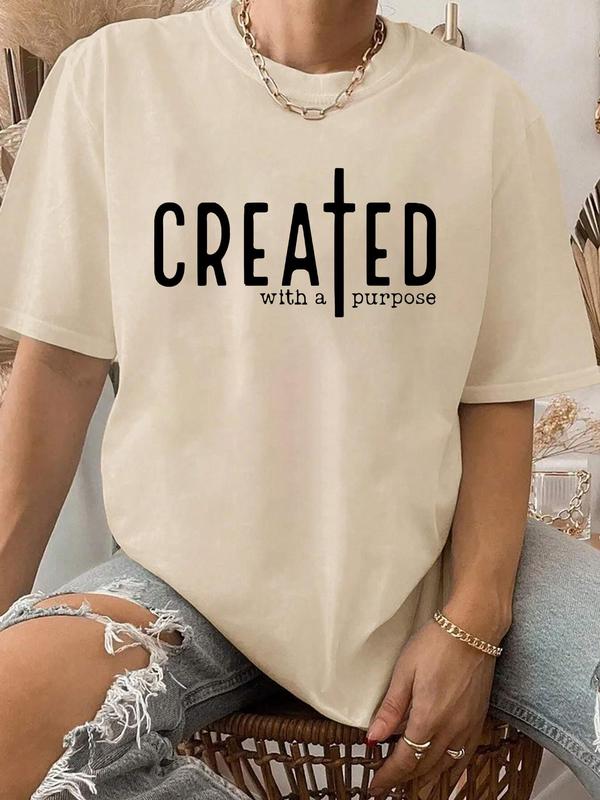 Women's Letter Graphic Print Crew Neck Tee, Fashion Drop Shoulder Short Sleeve T-shirt, Comfort Graphic Tees, Vintage Graphic Tees, Summer Clothes for Daily Wear Streetwear, T Shirts for Women