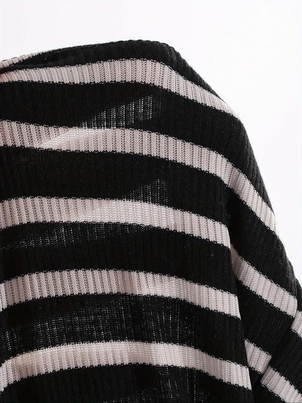 Women's Striped Print Button Front Scoop Neck Crop Tee, Casual Long Sleeve T-shirt for Spring & Fall, Women's Top for Daily Wear