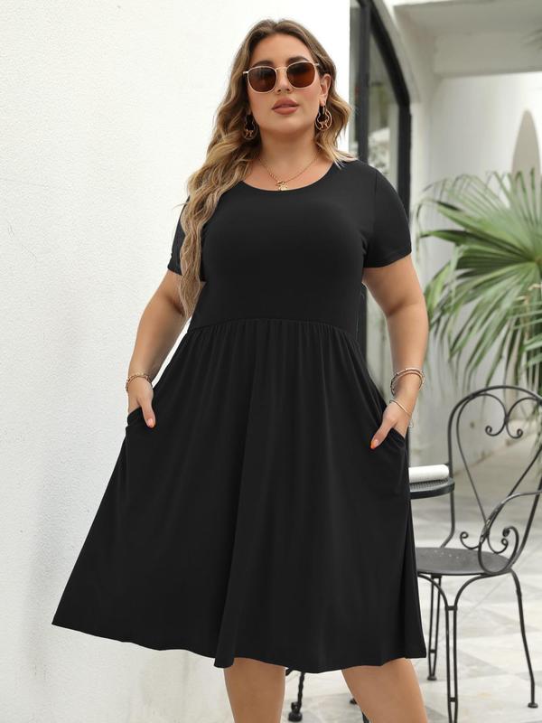  Plus Plain Pocket Round Neck Tee Dress, Summer Clothes Women, Women's Casual Short Sleeve A Line Dress for Summer, Dresses for Women, Lady Clothing for Daily Wear