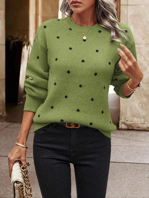 Women's Polka Dot Print Drop Shoulder Sweater, Casual Long Sleeve Round Neck Jumper for Fall & Winter, Fall Clothes, Pullover Sweaters for Women, Fashion Ladies' Knitwear for Daily Wear, Fall Outfits, Fallfreshness, Vintage Clothing, Preppy 80s Clothes