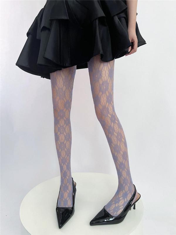 Women's Floral Lace Sheer Fishnet Tights, Y2k Style Hollow Out Pantyhose for Daily Wear, Ladies Stockings for All Seasons