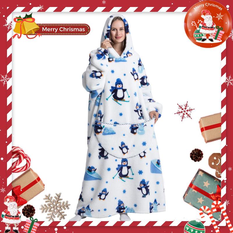 Cute Alpaca & Penguin Print Hoodie Blanket, Wearable Sweatshirt Pullover, Summer Air-conditioned Room Comfortable Hoodie Nightgown with Big Pocket, Christmas Blanket, Christmas 2024 Costume, Christmas Gifts, Christmas Decorations