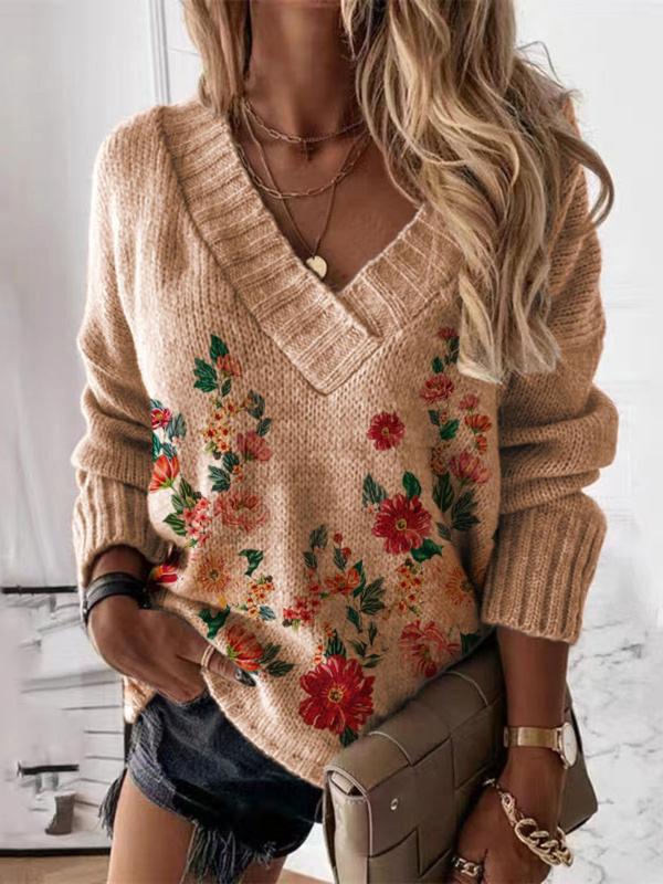 Women's Floral Print Drop Shoulder V Neck Sweater, Casual Long Sleeve Jumper for Fall & Winter, Fashion Ladies' Knitwear for Daily Wear