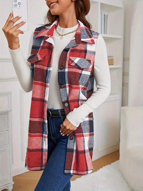 Women's Plaid Print Button Front Fake Pocket Design Vest Coat, Casual Sleeveless Collared Outerwear for Outdoor Sports, Ladies Sportswear for All Seasons