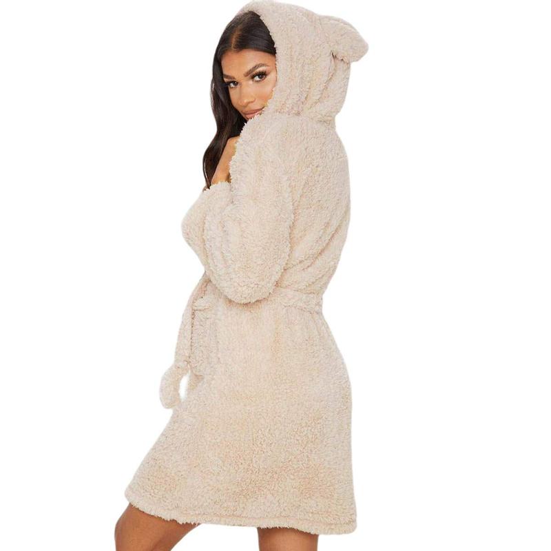 Women Winter Fleece Night Robe Plush Cute Animal Ears Hooded Nightgown Long Sleeve Lace-Up Bathrobe Pajamas Sleepwear