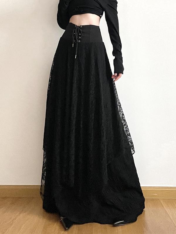 Women's Goth Solid Color Tiered Layer Asymmetrical Hem Maxi Lace Skirt, Street Fashion Y2K Lace Up Grommet Eyelet High Waist A Line Skirt for Daily Outdoor Wear, Ladies Bottoms for All Seasons