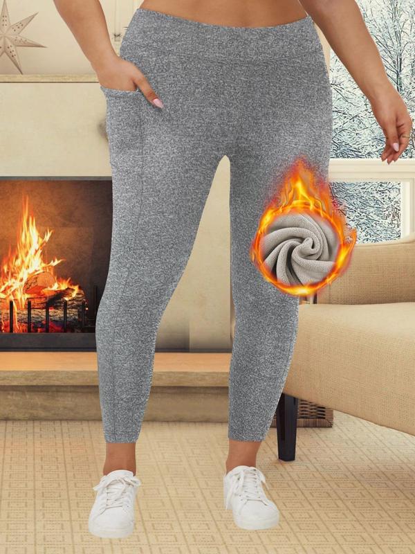  Solid Pocket Thermal Lined Leggings, Casual Comfy High Stretch Leggings for Daily Wear, Women's Bottoms for Fall & Winter