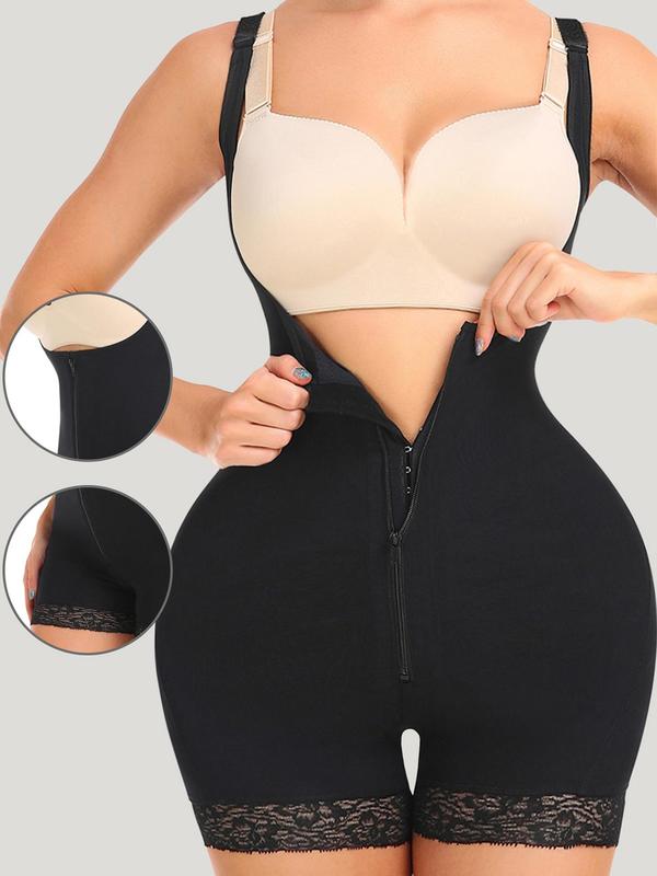 Women's Contrast Lace Zipper Shapewear Clothing, Tummy Control Faja Shapewear Romper, Sculpting Bodysuit, Thigh Slimmer Shorts