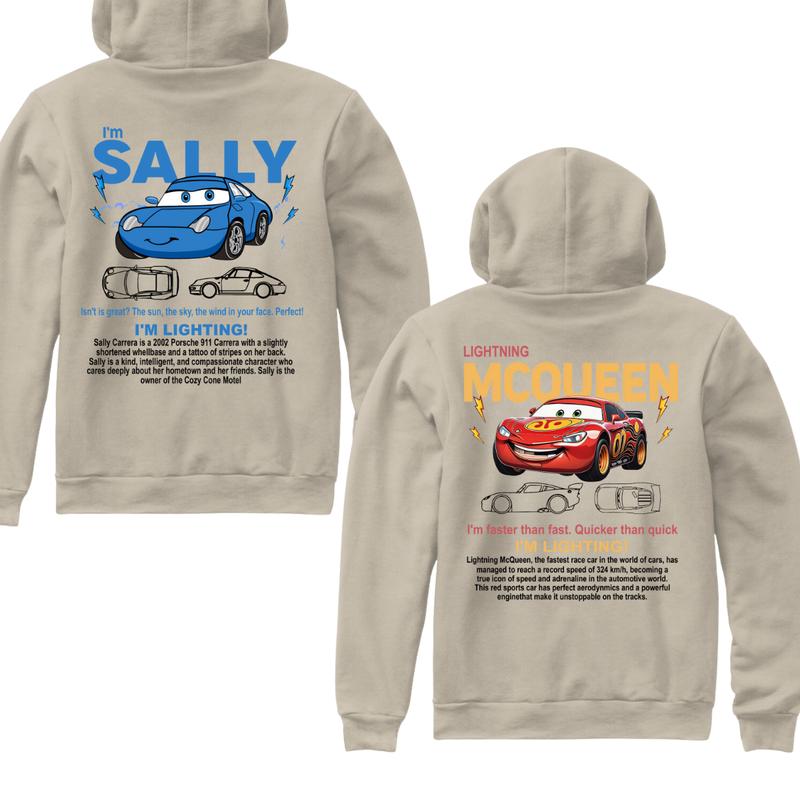 Couple's Matching 1sides Hoodie, I'm McQueen Hoodie, I'm Sally Hoodie, Cartoon Car Graphic Hoodie, Fun Couple Apparel, Cute Matching Shirts, Casual Couple Wear