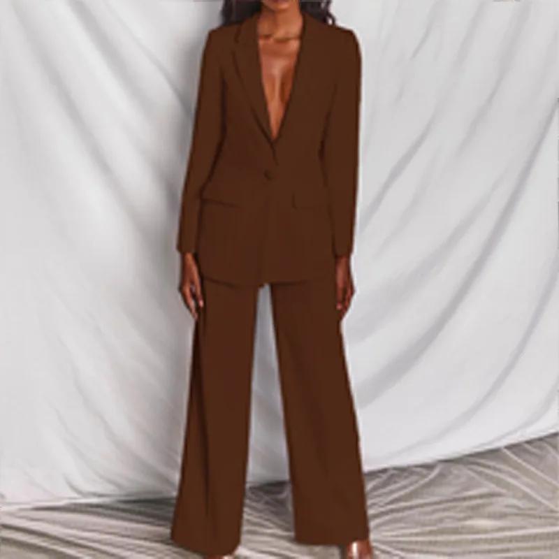 2 Piece Outfits for Women,Women's Sexy Deep V Neck Business Casual Office Suits Wide Leg Pants Suits Jacket