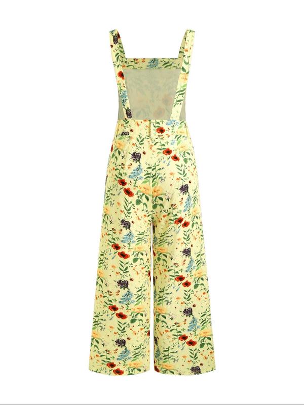 Women's Floral Print Button Overalls Vintage Jumpsuit, Casual Square Neck Wide Leg Overalls Jumpsuit for Fall, Back To School Outfits, Women's Clothes for Daily Wear, Black Girl Outfits  Preppy 80s Clothes