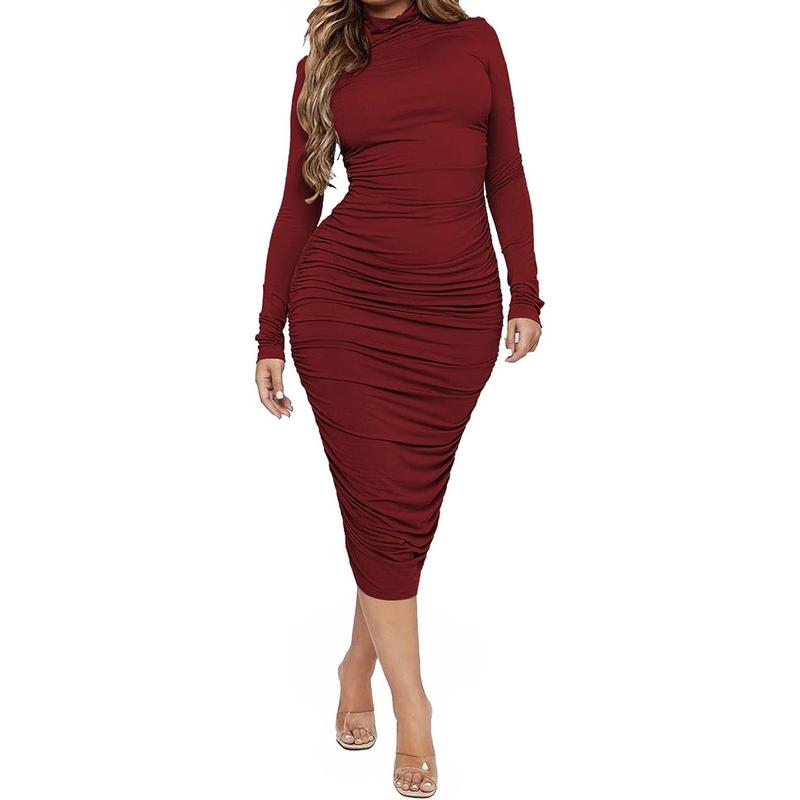 Women's Ruched Bodycon Midi Dress Mock Neck Long Sleeves Party Club Dresses