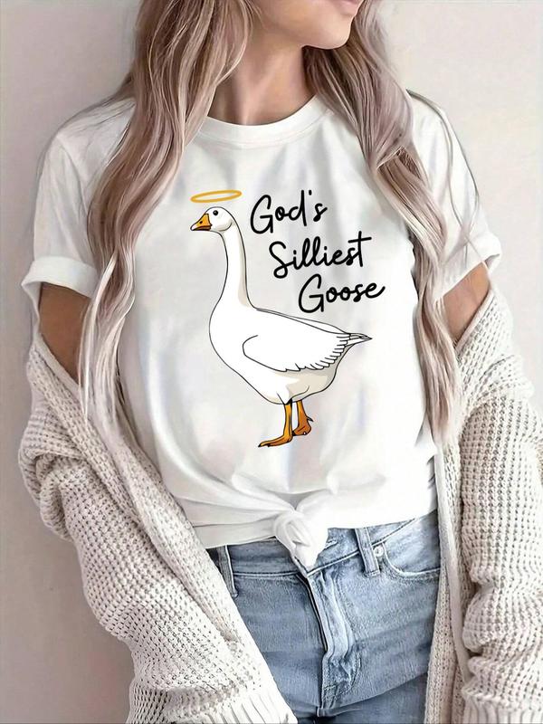 Women's Cartoon Goose & Letter Print Drop Shoulder Vintage Graphic Tees, Summer Tees, T Shirts for Women, Casual Half Sleeve Round Neck T-shirt for Summer, Ladies Clothes for Daily Wear