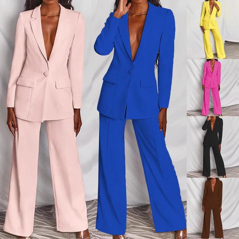 2 Piece Outfits for Women,Women's Sexy Deep V Neck Business Casual Office Suits Wide Leg Pants Suits Jacket