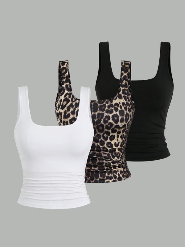  Plain & Leopard Print Scoop Neck Tank Top, Casual Sleeveless Top for Summer, Women's Clothing for Daily Wear