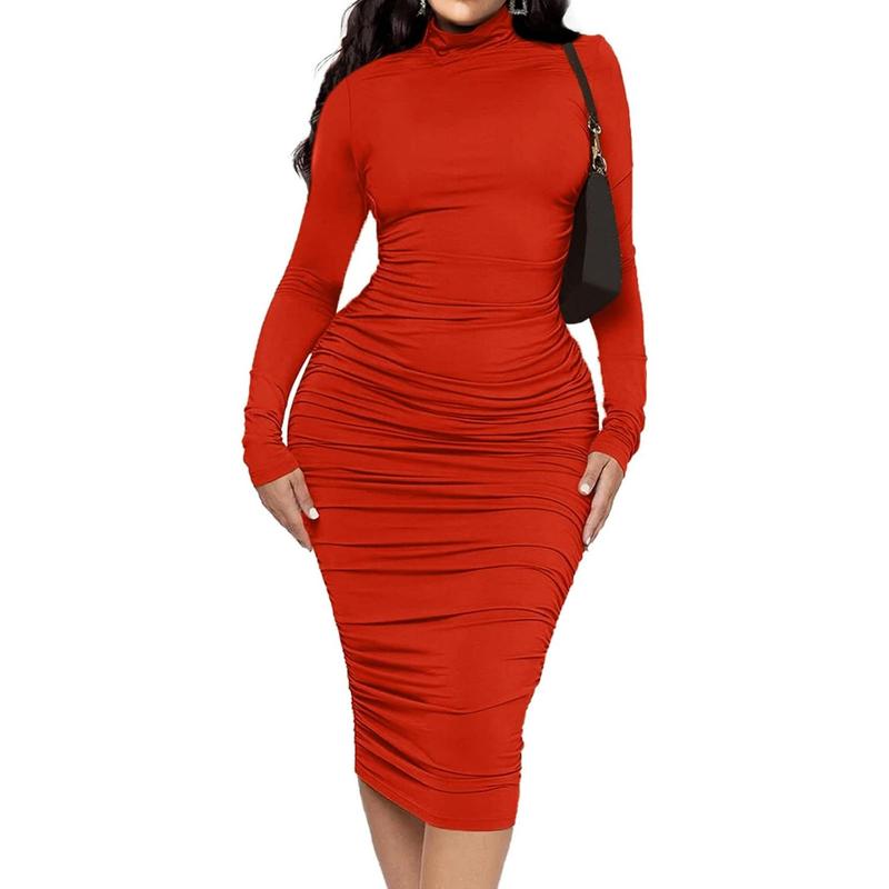 Women's Ruched Bodycon Midi Dress Mock Neck Long Sleeves Party Club Dresses