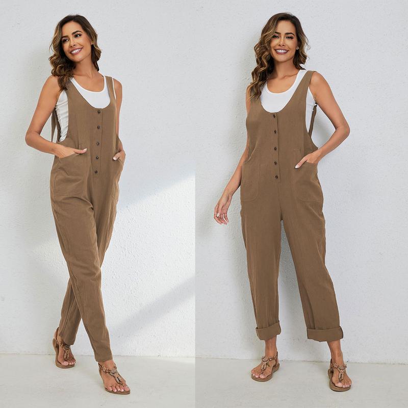 Yeokou Women's Overall Linen Cotton Jumpsuit Loose Casual Jumper with Pockets Womenswear Underwear