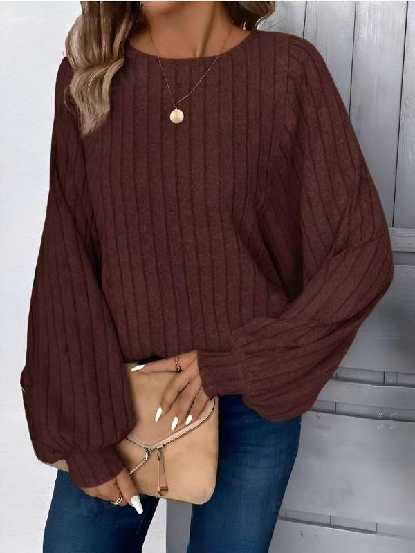 Women's Plain Ribbed Lantern Sleeve Sweater T-shirts, Casual Long Sleeve Round Neck T-shirts for Fall & Winter, Fashion Ladies' Knit Tops for Daily Wear