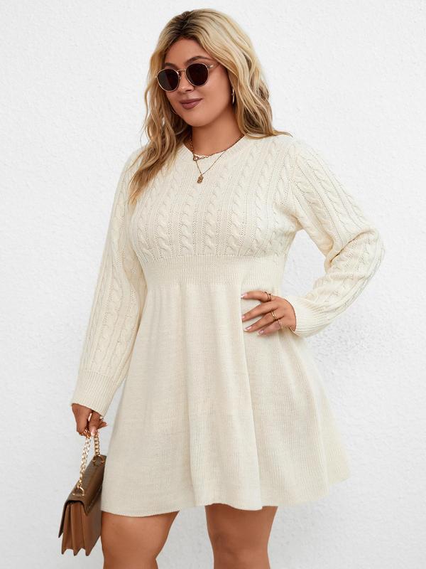  Solid Textured Round Neck Sweater Dress, Casual Long Sleeve A Line Dress for Fall & Winter, Women's Clothes for Daily Wear