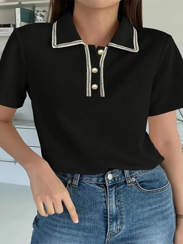 Women's Contrast Trim Short Sleeve Polo Neck Tee, Casual Half Button Collared T-Shirt for Spring & Fall, Women's Fashion Top for Daily Wear