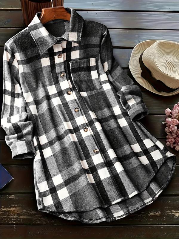 Women's Colorblock Plaid Print Button Front Curved Hem Shirt, Casual Long Sleeve Collared Pocket Top for Fall & Winter, Ladies Clothes for Daily Wear