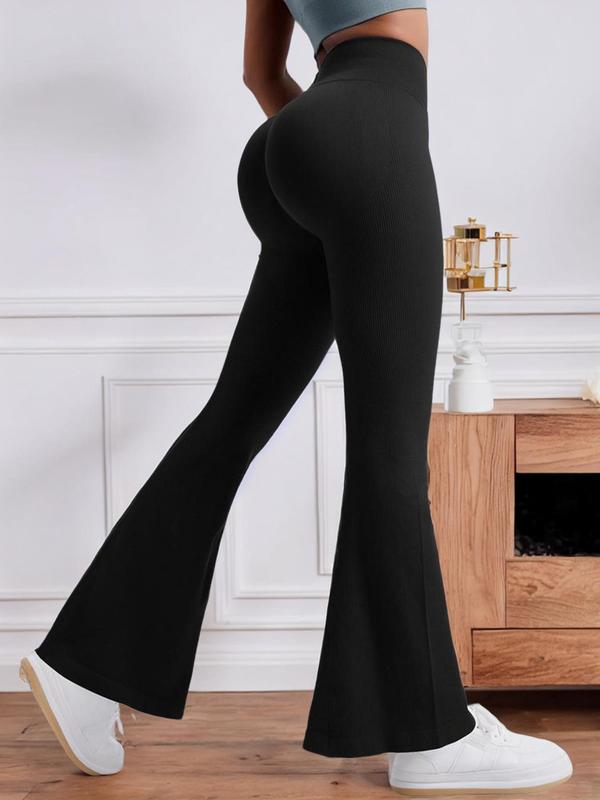 Women's Minimalist Basic Solid High Waist Flare Leg Groove Pants, Lady Casual Comfy Pants, V-cut Waist Bell Bottom Groove Trousers for Gym Workout Fitness, Womenswear Bottom, Ladies Comfort Flared Pants, Sportswear Clothing, Fall Outfits 2024