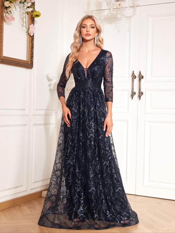 Women's Floral Sequins Contrast Mesh V Neck Evening Dress, Elegant Formal Wear, Three Quarter Length Sleeve Maxi Dress For Party Banquet, Women's Clothing For Spring & Fall