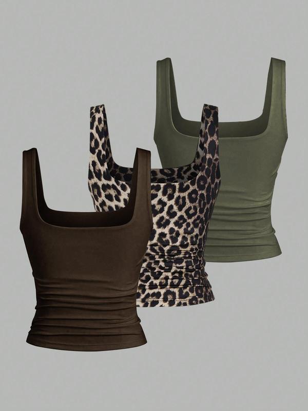  Plain & Leopard Print Scoop Neck Tank Top, Casual Sleeveless Top for Summer, Women's Clothing for Daily Wear