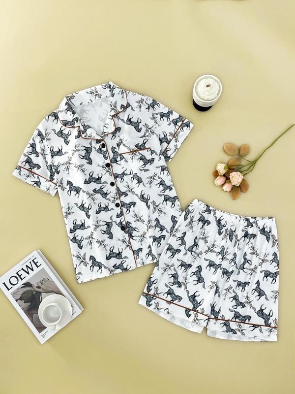 Women's All Over Horse & Floral Print Pyjama Set, Casual Lapel Button Front Short Sleeve Shirt & Elastic Waist Shorts, Summer Sleepwear Set for Women