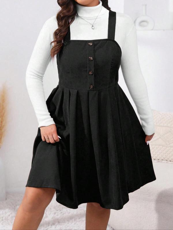 Plus Size Solid Button Front Plicated Pinafore Dress without Inner Top, Homecoming Dresses, Casual Sleeveless High Waist Dress for Spring & Fall, Women's Clothes for Daily Wear, Dresses for Women